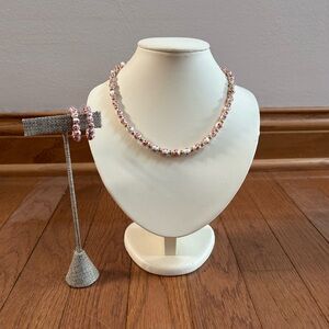 White Ceramic Beaded Necklace and Earring Set with Red Floral Print